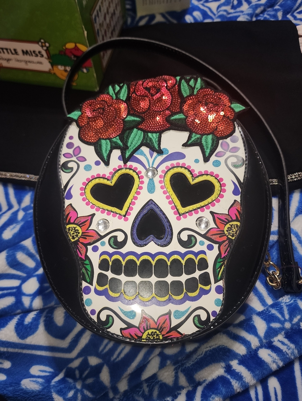 Betsey Johnson Day Of The Dead Black Round Purse Shoulder Bag W/ sequins